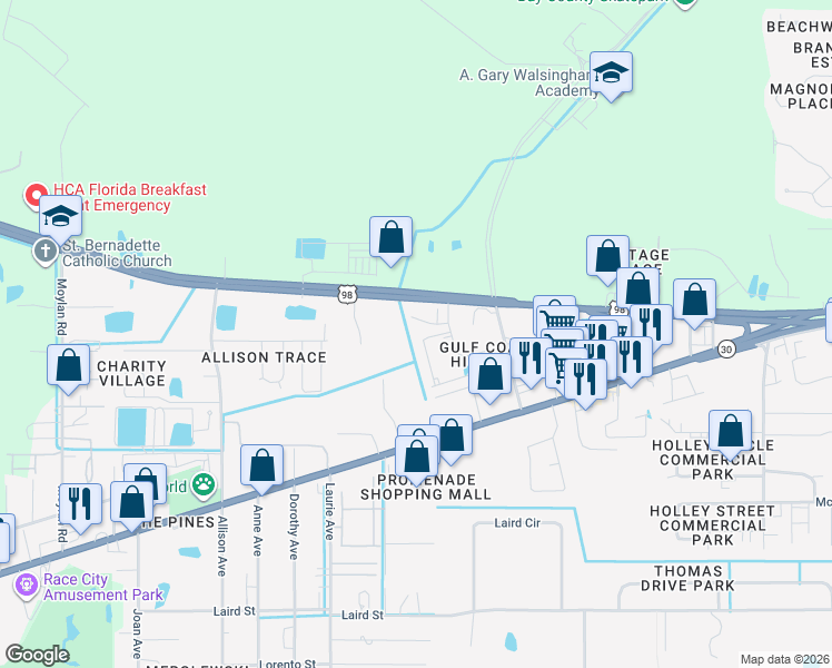 map of restaurants, bars, coffee shops, grocery stores, and more near 1726 Annabellas Drive in Panama City Beach