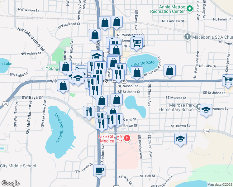 map of restaurants, bars, coffee shops, grocery stores, and more near 207 South Marion Avenue in Lake City