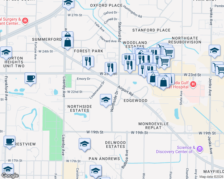 map of restaurants, bars, coffee shops, grocery stores, and more near 2101 Northside Drive in Panama City