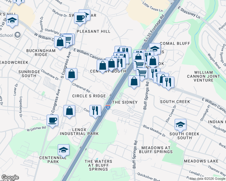 map of restaurants, bars, coffee shops, grocery stores, and more near 6905 Interstate 35 in Austin