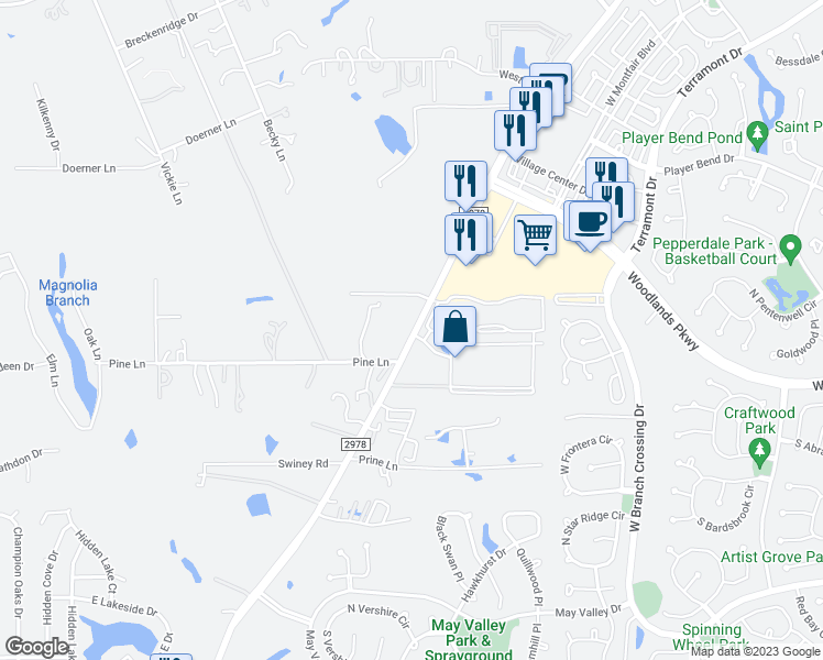 map of restaurants, bars, coffee shops, grocery stores, and more near 29903 Farm to Market Road 2978 in Magnolia