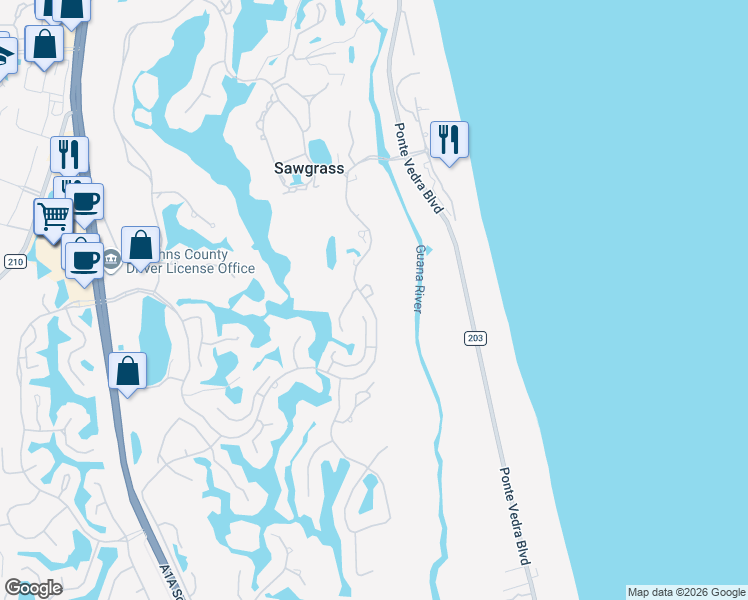 map of restaurants, bars, coffee shops, grocery stores, and more near 10083 Sawgrass Drive East in Ponte Vedra Beach