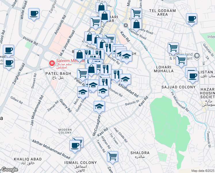 map of restaurants, bars, coffee shops, grocery stores, and more near McConaghey Road in Quetta