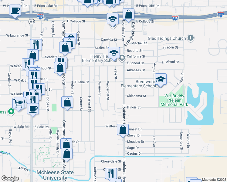 map of restaurants, bars, coffee shops, grocery stores, and more near 3820 Yale Street in Lake Charles