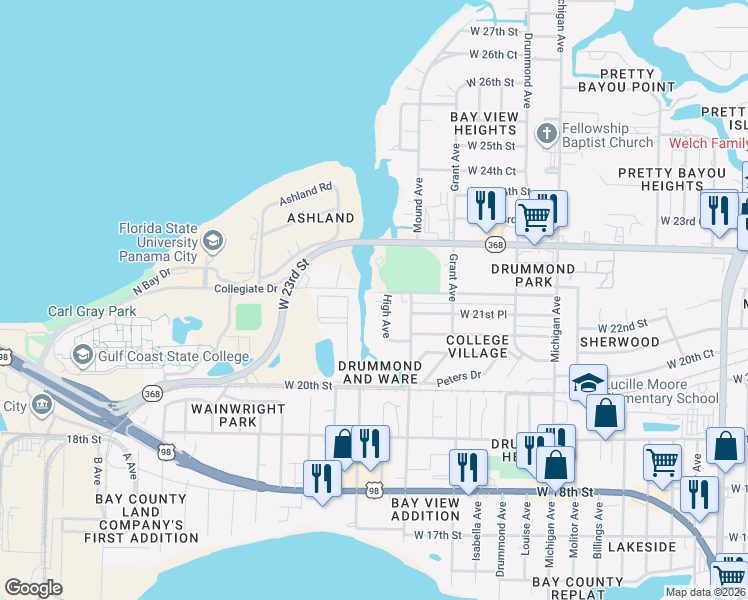 map of restaurants, bars, coffee shops, grocery stores, and more near 2111 Carrie Lane in Panama City