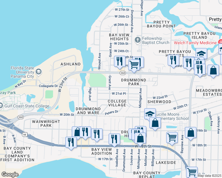 map of restaurants, bars, coffee shops, grocery stores, and more near 3941 West 22nd Street in Panama City