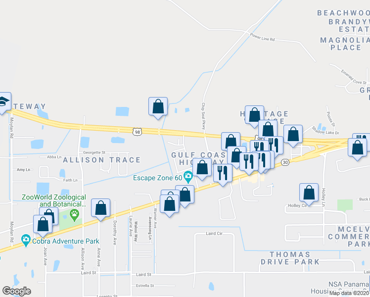 map of restaurants, bars, coffee shops, grocery stores, and more near 1758 Annabellas Drive in Panama City Beach