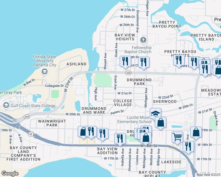 map of restaurants, bars, coffee shops, grocery stores, and more near 4109 West 22nd Street in Panama City