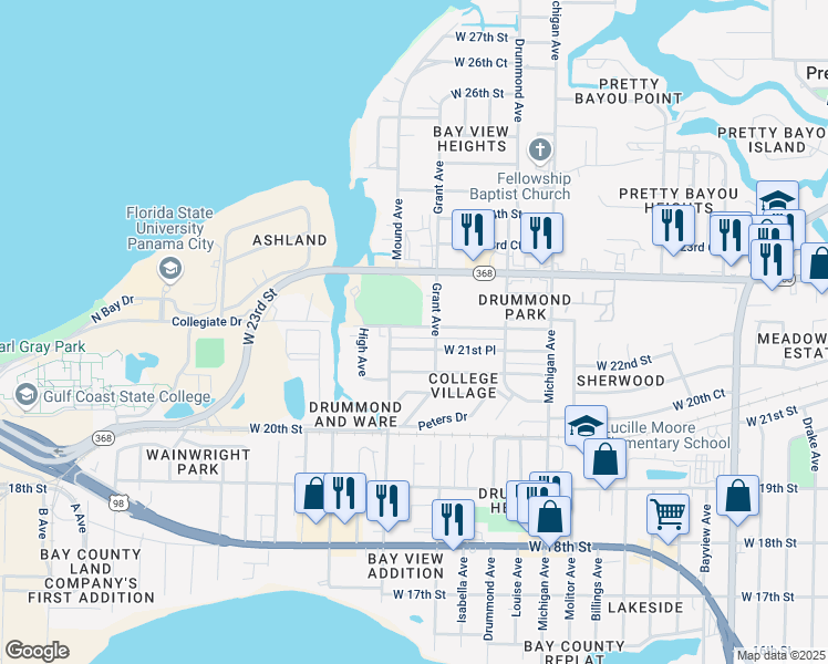 map of restaurants, bars, coffee shops, grocery stores, and more near 4111 West 22nd Street in Panama City