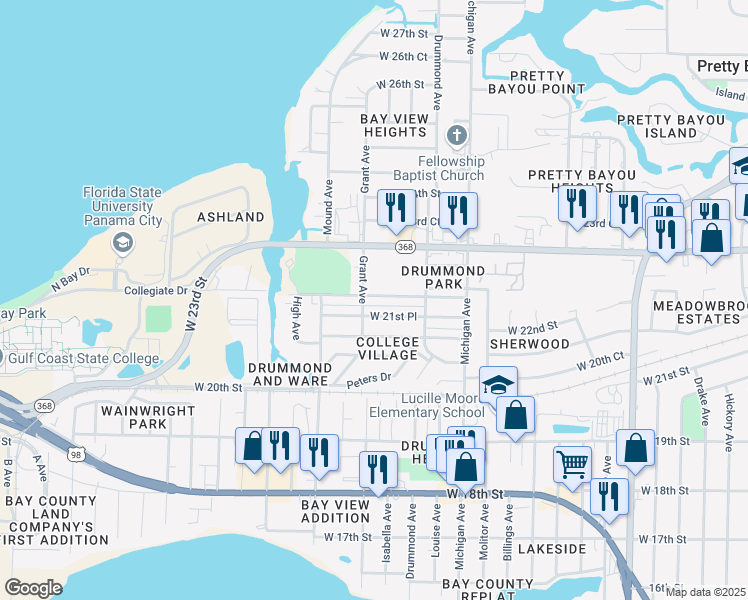 map of restaurants, bars, coffee shops, grocery stores, and more near 4102 West 21st Place in Panama City