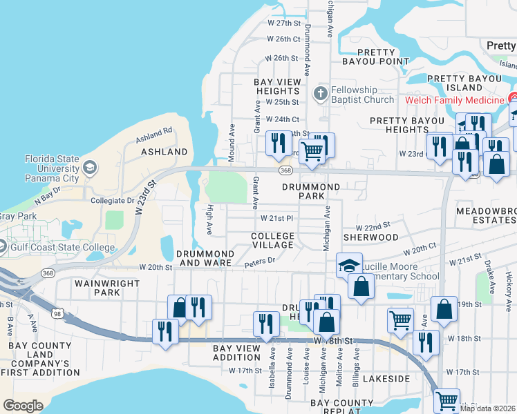 map of restaurants, bars, coffee shops, grocery stores, and more near 4102 West 21st Place in Panama City