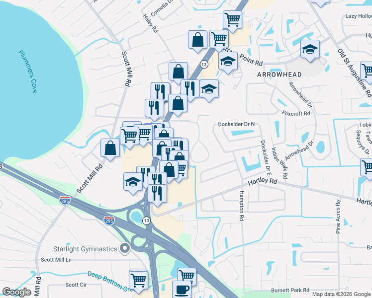 map of restaurants, bars, coffee shops, grocery stores, and more near 10424 Big Tree Circle West in Jacksonville