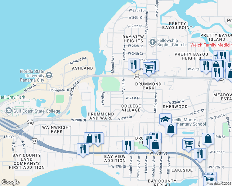 map of restaurants, bars, coffee shops, grocery stores, and more near 4115 West 22nd Street in Panama City