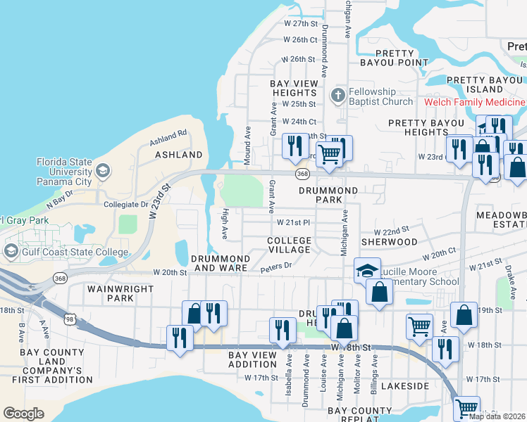 map of restaurants, bars, coffee shops, grocery stores, and more near 4105 West 22nd Street in Panama City