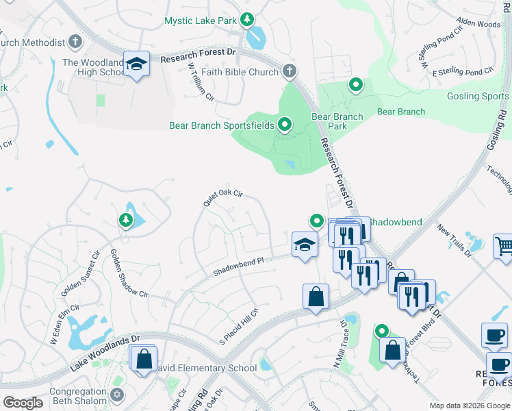 map of restaurants, bars, coffee shops, grocery stores, and more near 122 Quiet Oak Circle in Spring