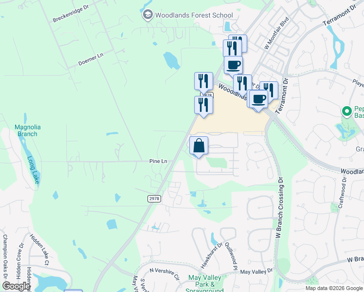 map of restaurants, bars, coffee shops, grocery stores, and more near 29883 Farm to Market Road 2978 in Magnolia