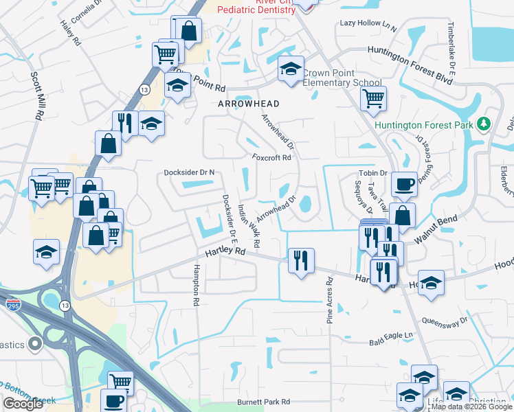 map of restaurants, bars, coffee shops, grocery stores, and more near 3677 Deer Crossing Place in Jacksonville