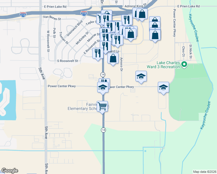 map of restaurants, bars, coffee shops, grocery stores, and more near Power Center Parkway in Lake Charles