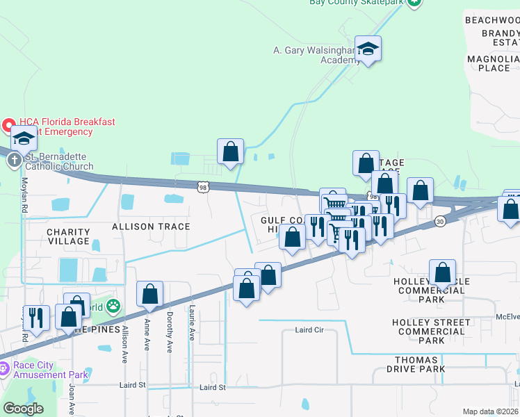 map of restaurants, bars, coffee shops, grocery stores, and more near 1862 Annabellas Drive in Panama City Beach