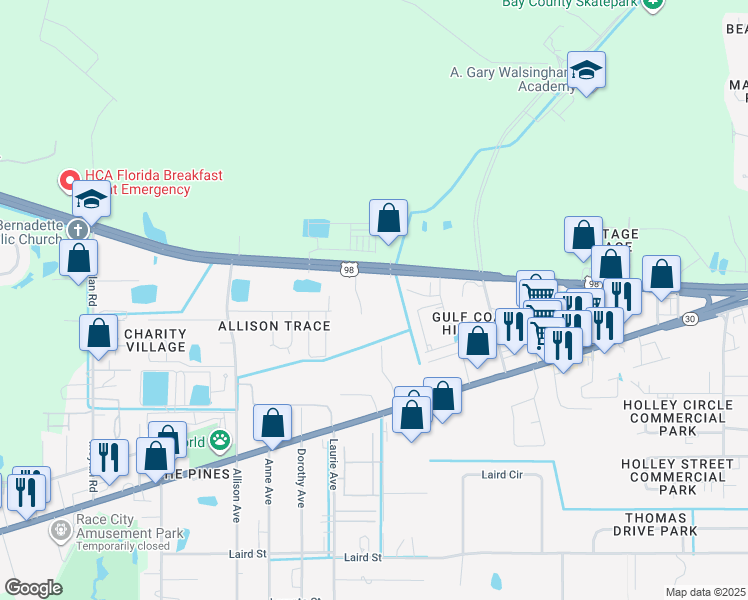 map of restaurants, bars, coffee shops, grocery stores, and more near 1585 North Urban Blu Drive in Panama City Beach