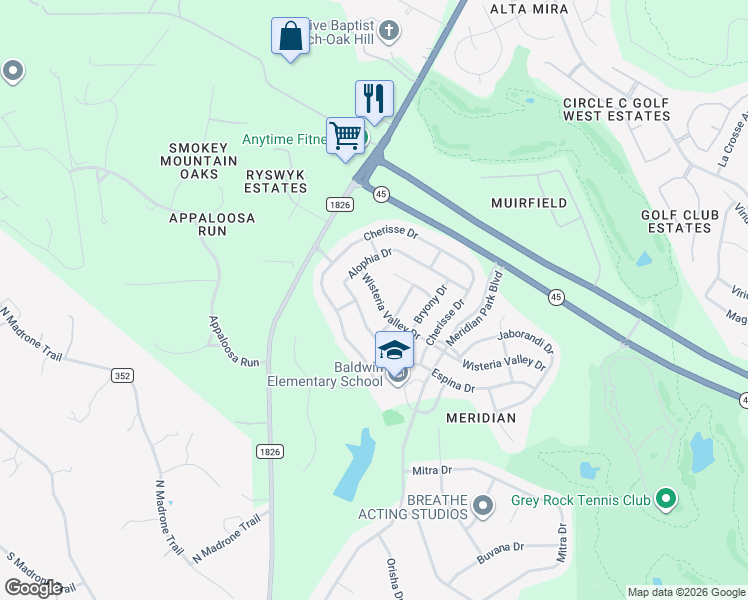 map of restaurants, bars, coffee shops, grocery stores, and more near 8513 Alophia Drive in Austin