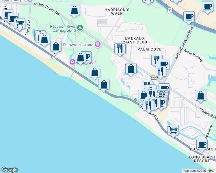 map of restaurants, bars, coffee shops, grocery stores, and more near 11800 Front Beach Road in Panama City Beach