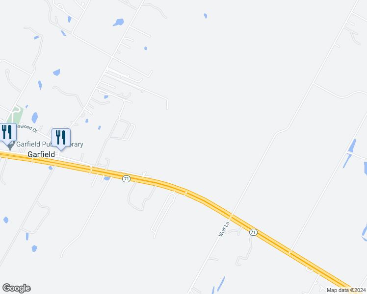 map of restaurants, bars, coffee shops, grocery stores, and more near 5299 Highway 71 in Garfield