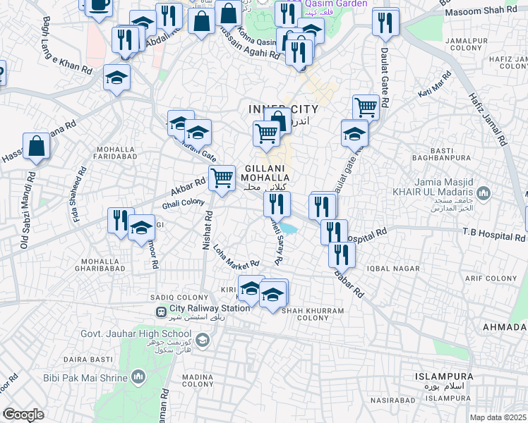 map of restaurants, bars, coffee shops, grocery stores, and more near Alang Khooni Burj in Multan