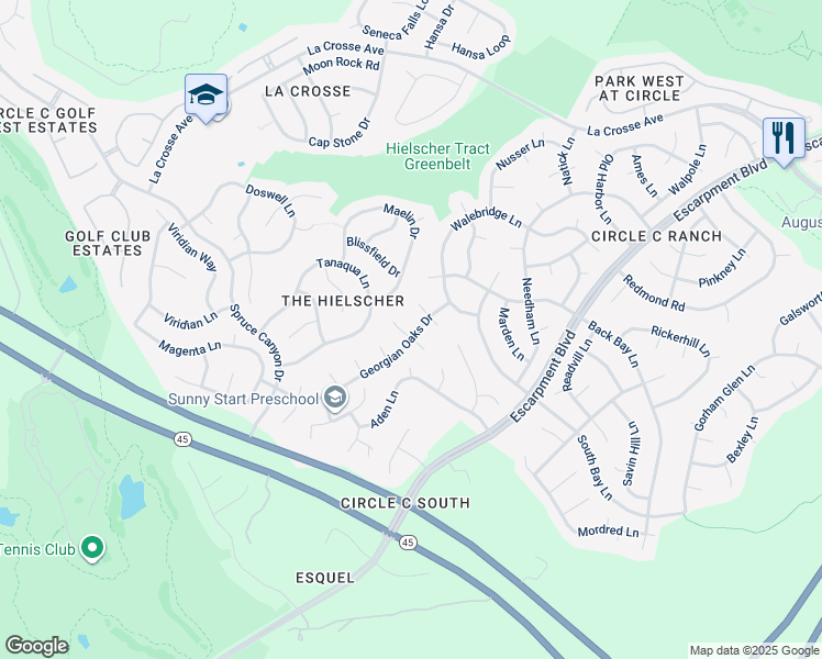 map of restaurants, bars, coffee shops, grocery stores, and more near 6600 Orchard Hill Drive in Austin