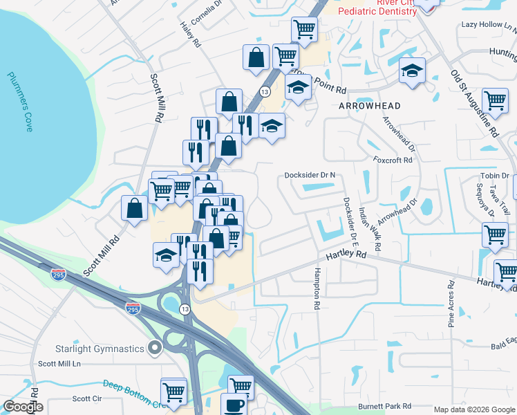 map of restaurants, bars, coffee shops, grocery stores, and more near 10434 Big Tree Circle East in Jacksonville