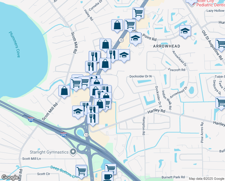 map of restaurants, bars, coffee shops, grocery stores, and more near 10440 Big Tree Circle West in Jacksonville
