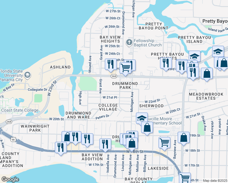 map of restaurants, bars, coffee shops, grocery stores, and more near 3922 West 21st Place in Panama City