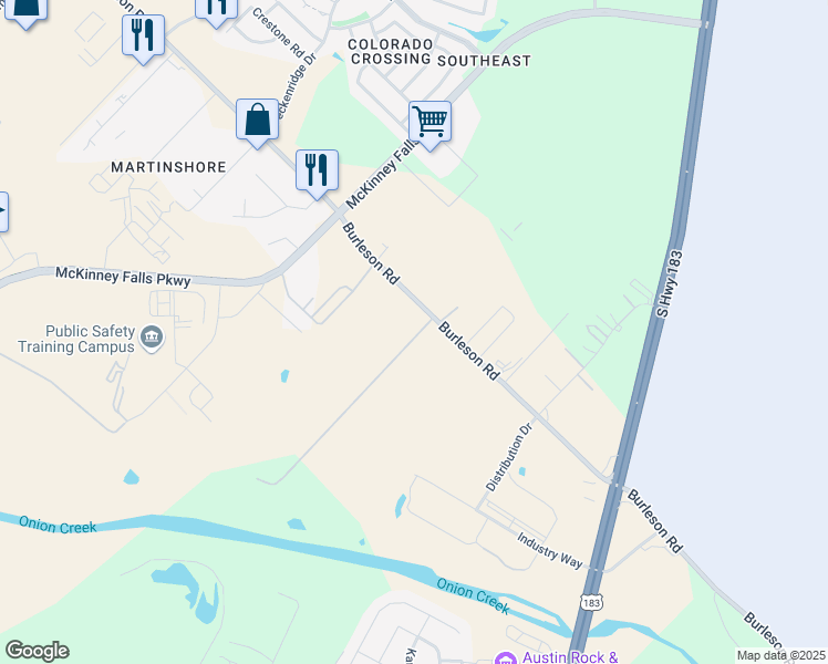 map of restaurants, bars, coffee shops, grocery stores, and more near 7903 Burleson Road in Austin