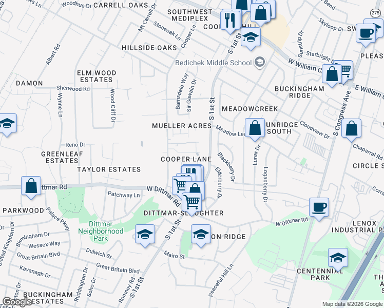 map of restaurants, bars, coffee shops, grocery stores, and more near 7601 Cooper Lane in Austin