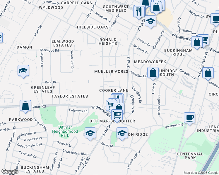 map of restaurants, bars, coffee shops, grocery stores, and more near 7601 Cooper Lane in Austin