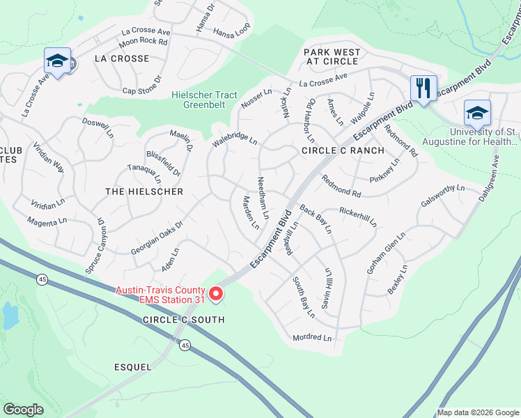 map of restaurants, bars, coffee shops, grocery stores, and more near 6556 Needham Lane in Austin