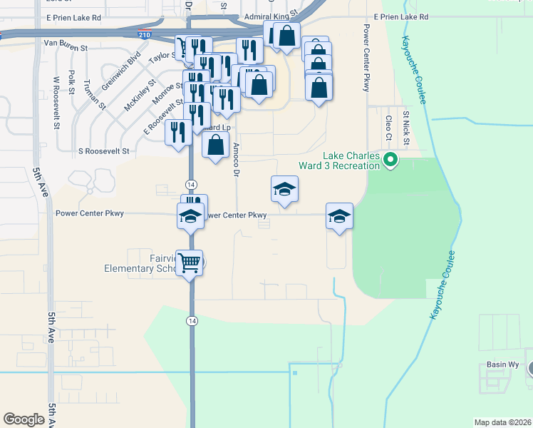 map of restaurants, bars, coffee shops, grocery stores, and more near 2760 Power Center Parkway in Lake Charles