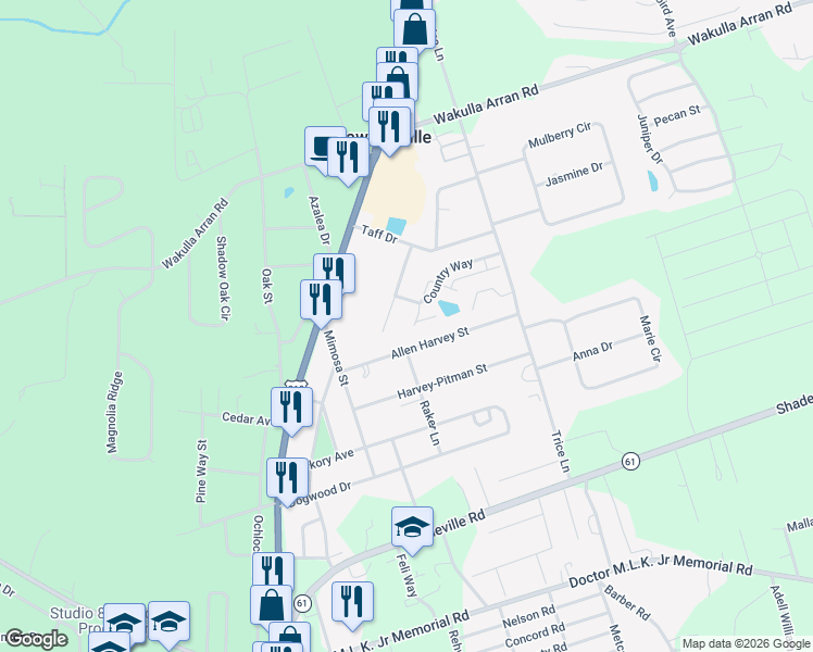 map of restaurants, bars, coffee shops, grocery stores, and more near 58 Allen Harvey Street in Crawfordville