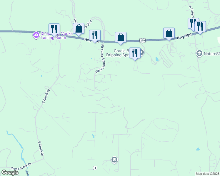 map of restaurants, bars, coffee shops, grocery stores, and more near 551 Hays Country Acres Road in Dripping Springs