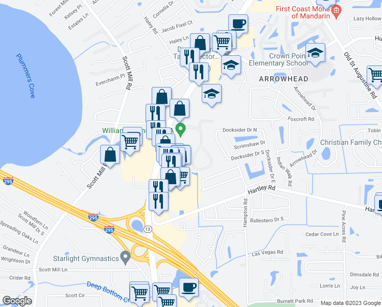 map of restaurants, bars, coffee shops, grocery stores, and more near 10408 Big Tree Circle West in Jacksonville