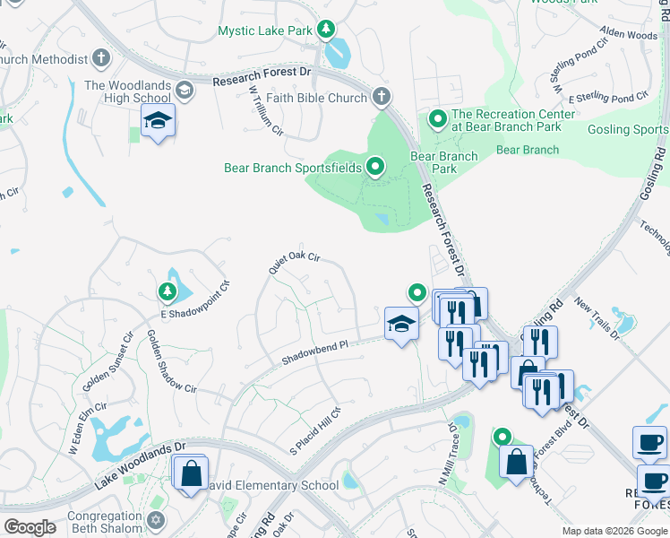 map of restaurants, bars, coffee shops, grocery stores, and more near 114 Quiet Oak Circle in Spring