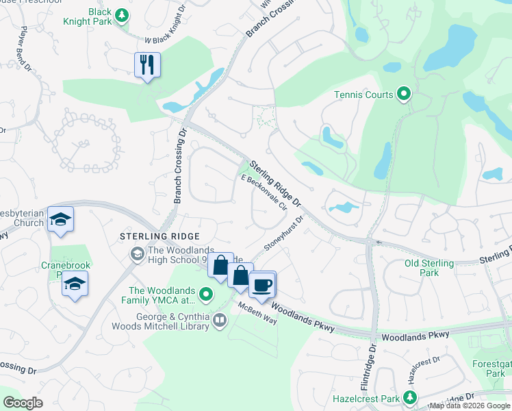 map of restaurants, bars, coffee shops, grocery stores, and more near 15 Elfen Way in Spring
