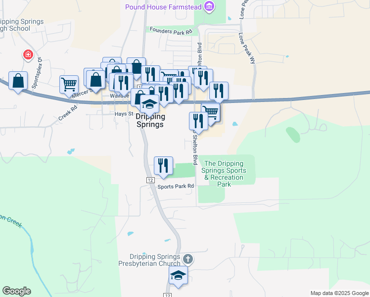 map of restaurants, bars, coffee shops, grocery stores, and more near 550 U.S. 290 in Dripping Springs