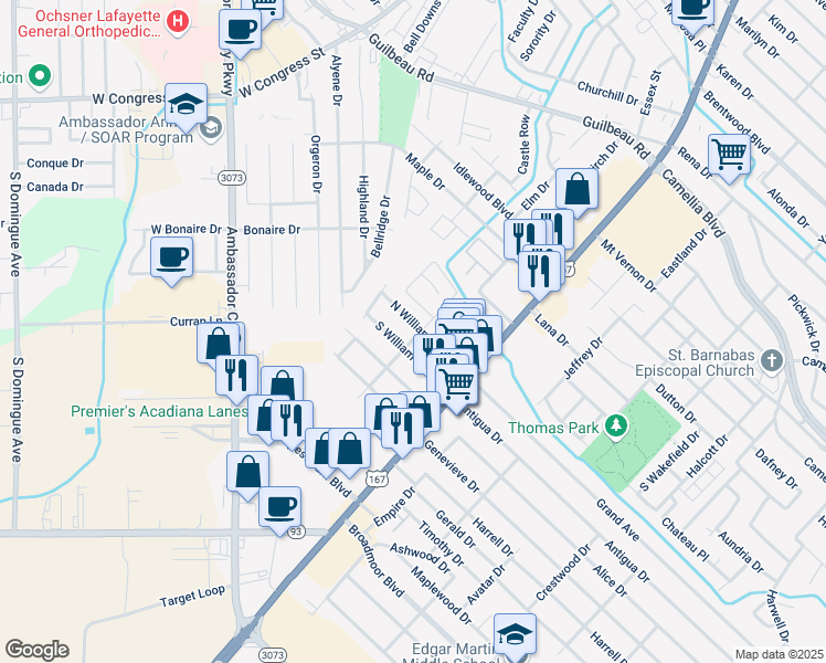 map of restaurants, bars, coffee shops, grocery stores, and more near 201 North William Drive in Lafayette