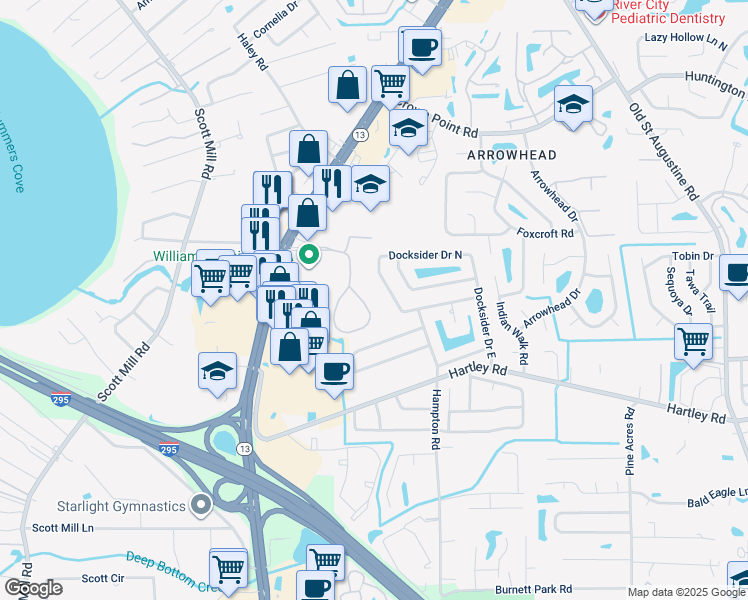 map of restaurants, bars, coffee shops, grocery stores, and more near 10485 Big Tree Circle East in Jacksonville