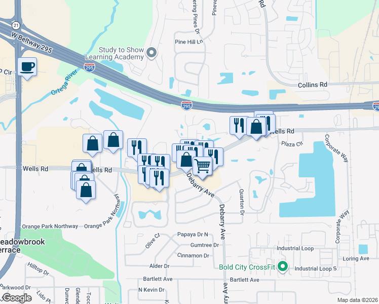 map of restaurants, bars, coffee shops, grocery stores, and more near 1677 Wells Road in Orange Park