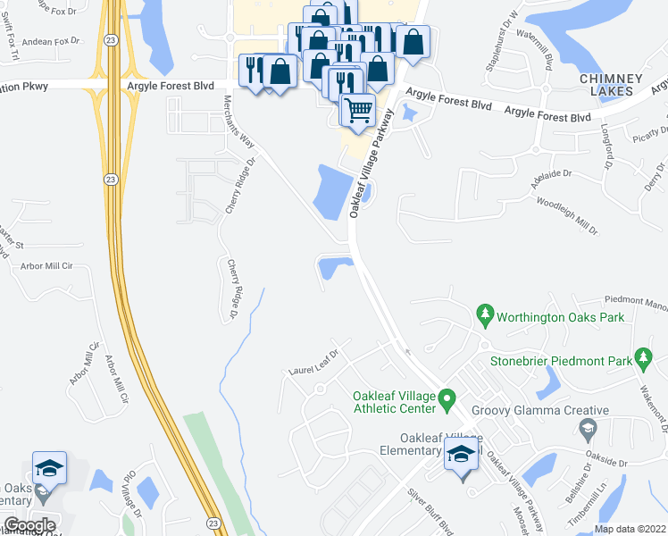 map of restaurants, bars, coffee shops, grocery stores, and more near 3750 Silver Bluff Boulevard in Orange Park