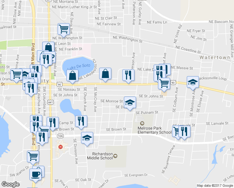map of restaurants, bars, coffee shops, grocery stores, and more near 651 Southeast Saint Johns Street in Lake City