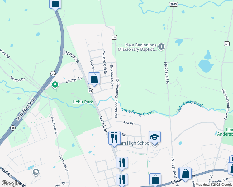 map of restaurants, bars, coffee shops, grocery stores, and more near 2450 Old Masonic Rd in Brenham