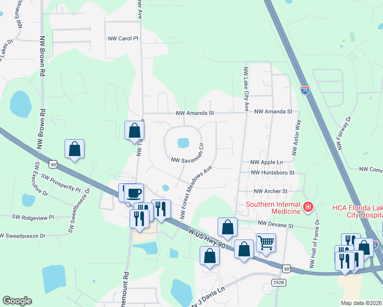 map of restaurants, bars, coffee shops, grocery stores, and more near 965 Northwest Savannah Circle in Lake City